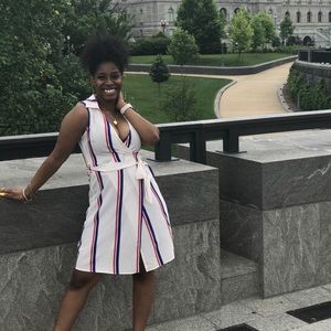 White/Red/Blue Striped Sleeveless Wrap Tie Dress